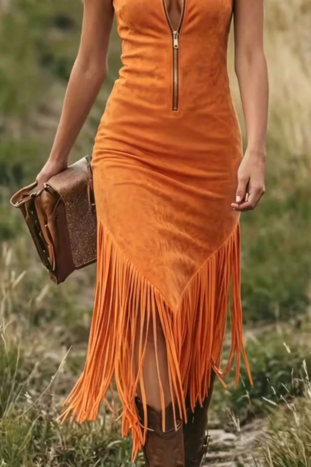Fringe Zip Front Sleeveless Dress (6)