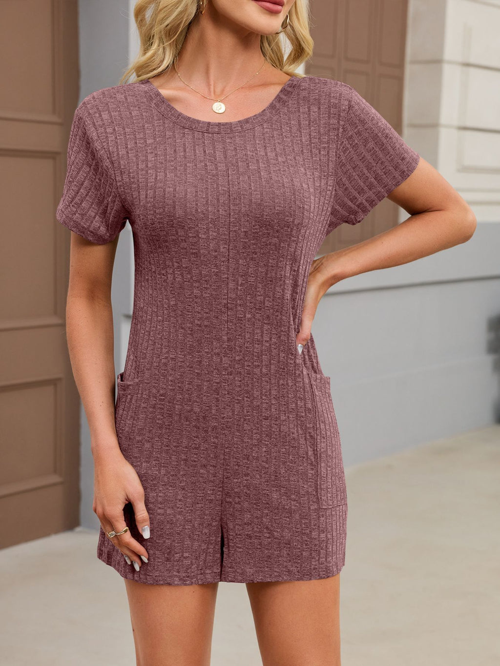 Casual Ribbed Knit V-neck Romper (23)