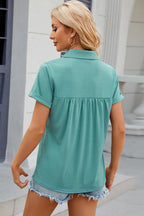 Ruched Johnny Collar Short Sleeve Blouse (16)
