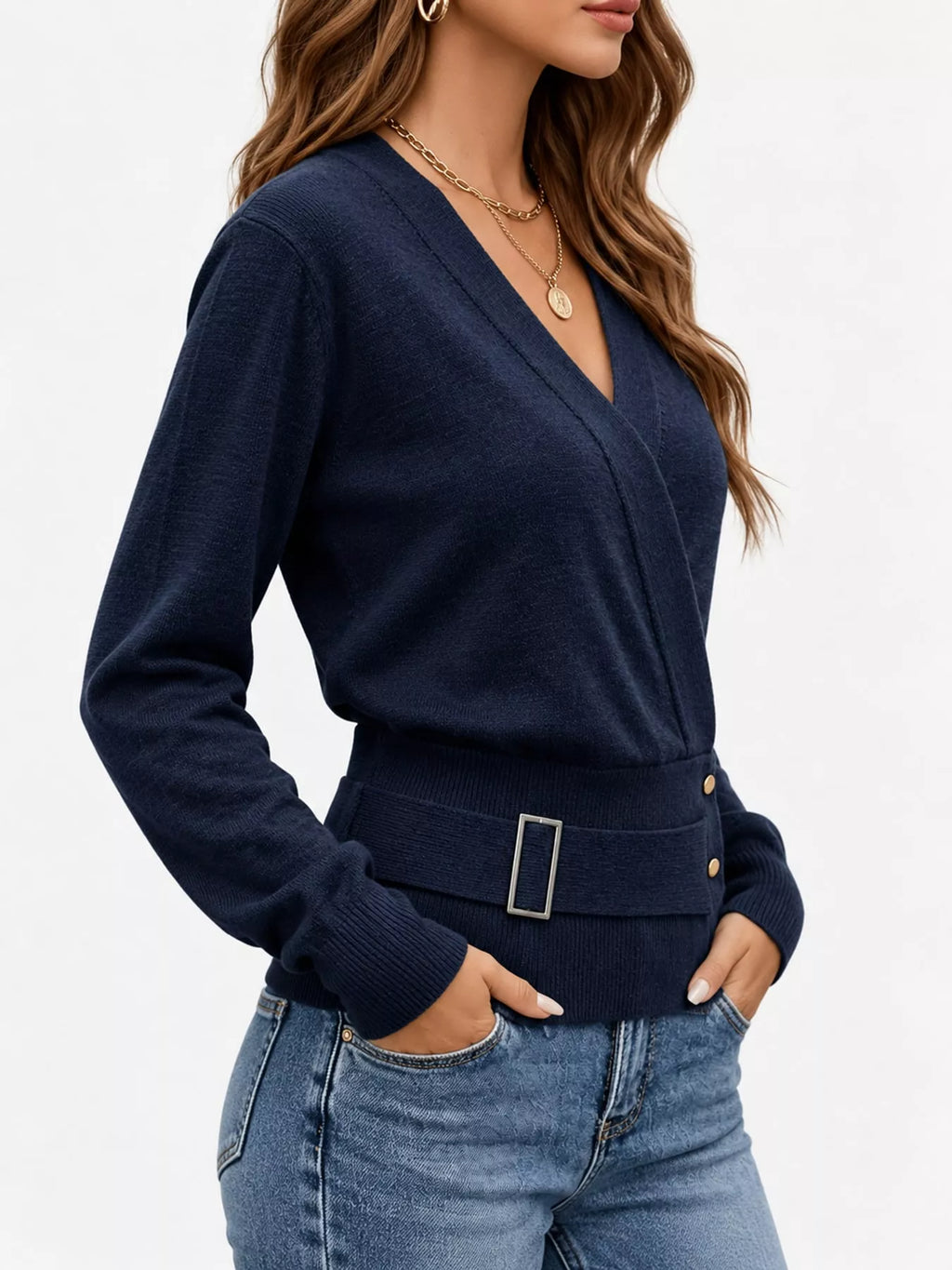 Surplice Elastic Waist Long Sleeve Knit Top (11)
