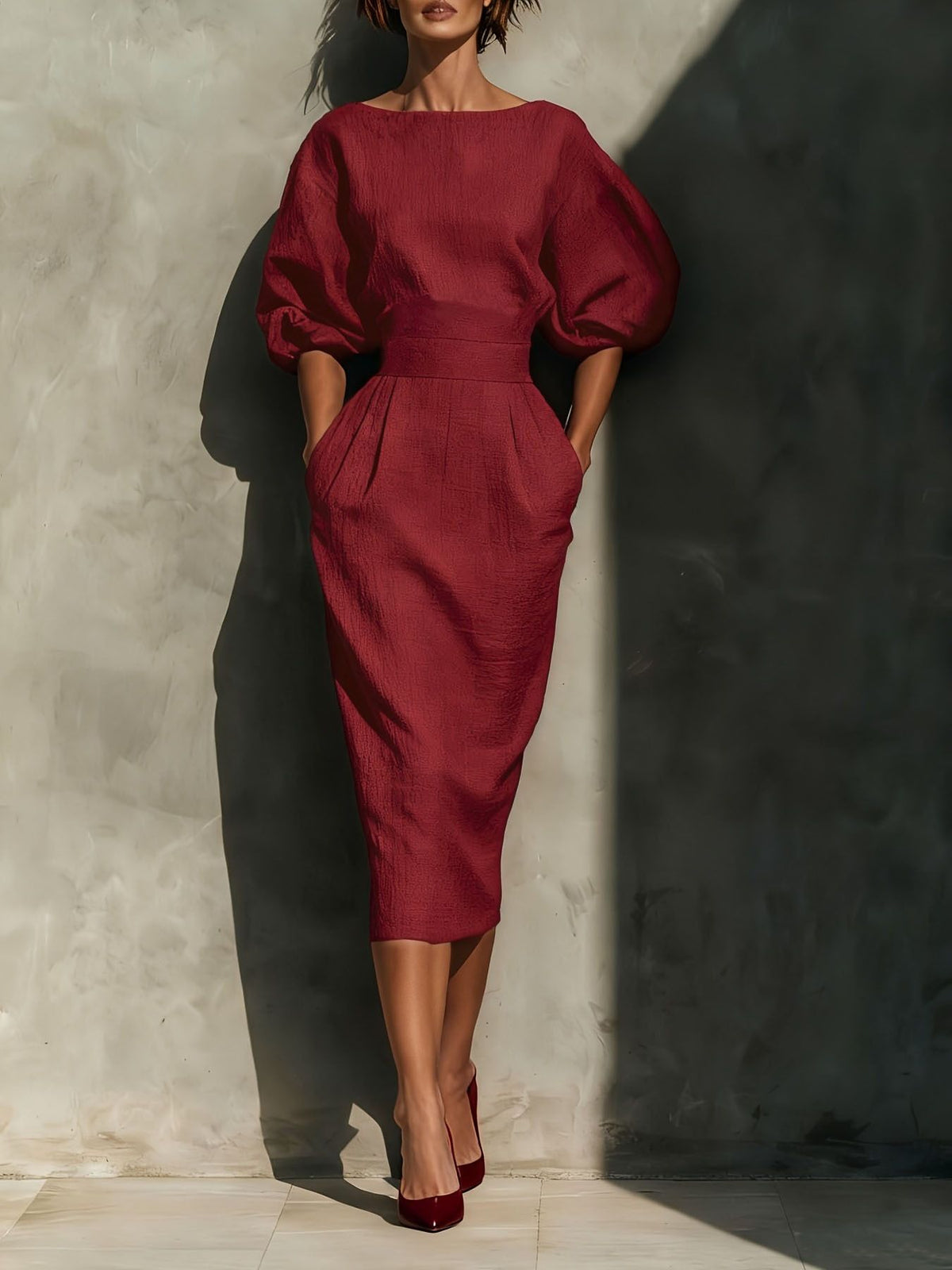 Round Neck Puff Sleeves Midi Dress (5)