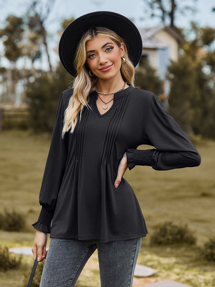 Notched Neck Flounce Sleeve Blouse (11)