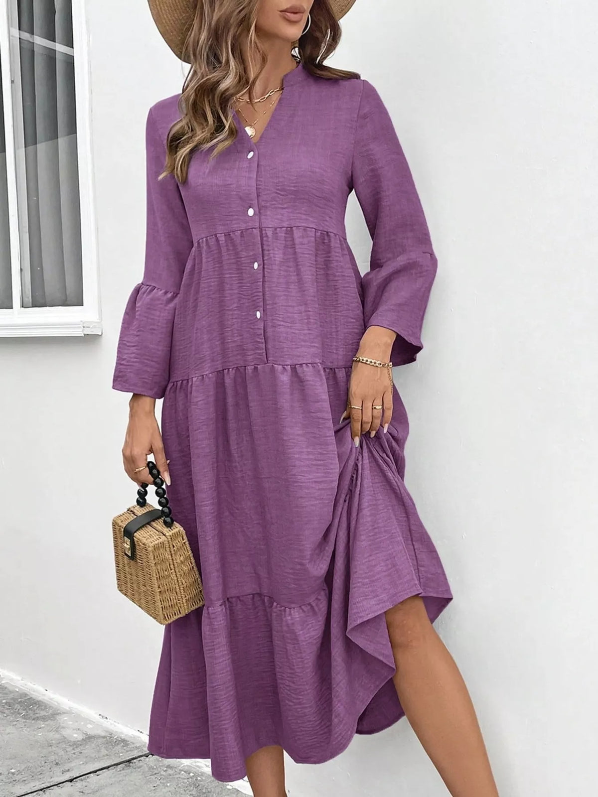 Ruffle Hem Button Front Tiered Dress (5)