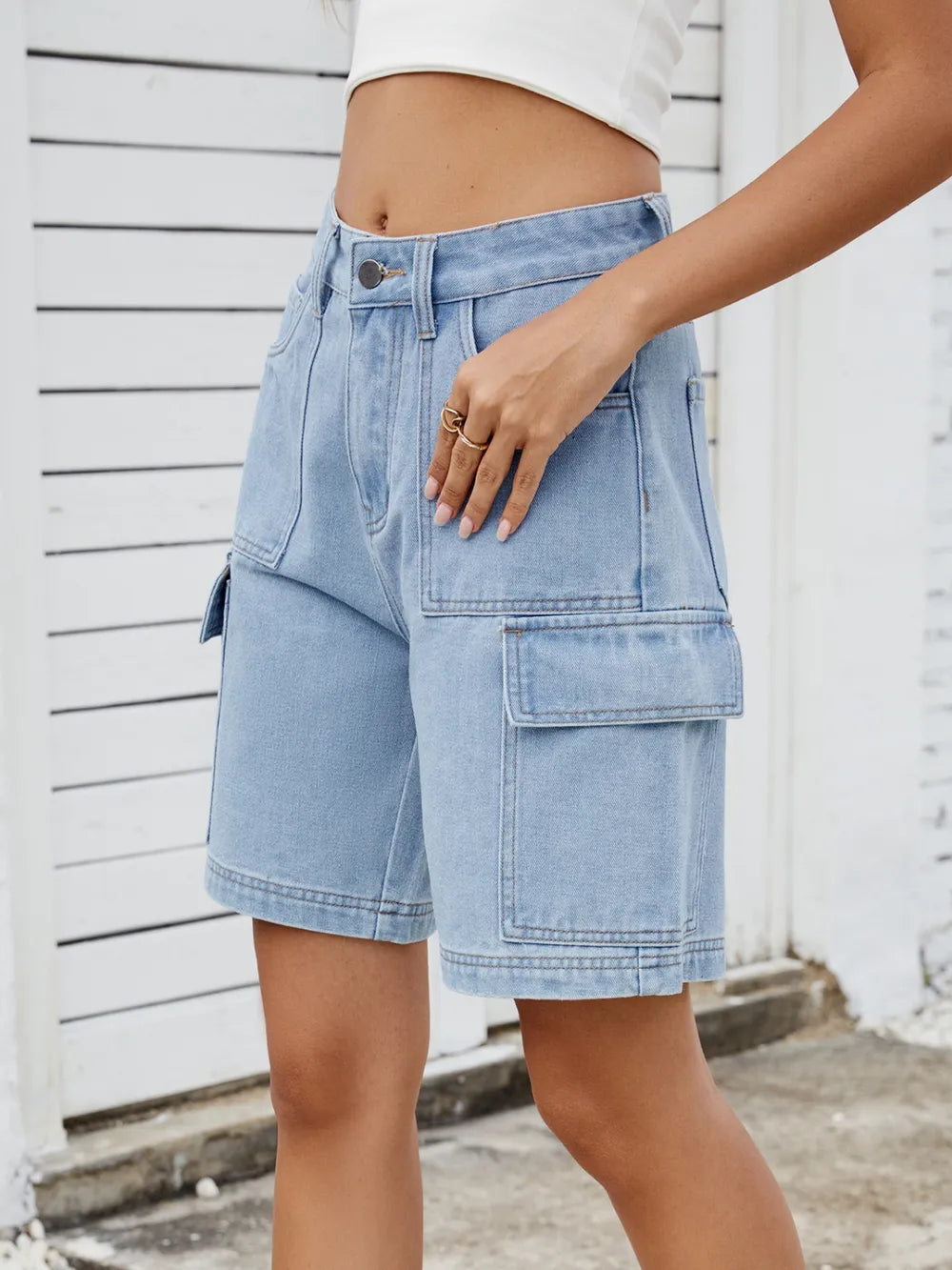 High Waist Denim Shorts Cargo Pockets (4)