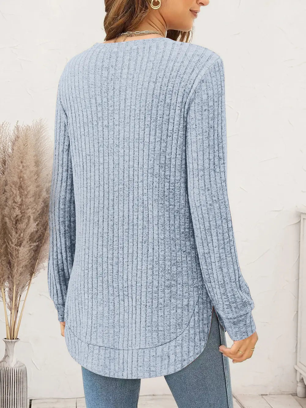 Ribbed Round Neck Long Sleeve T-shirt (15)