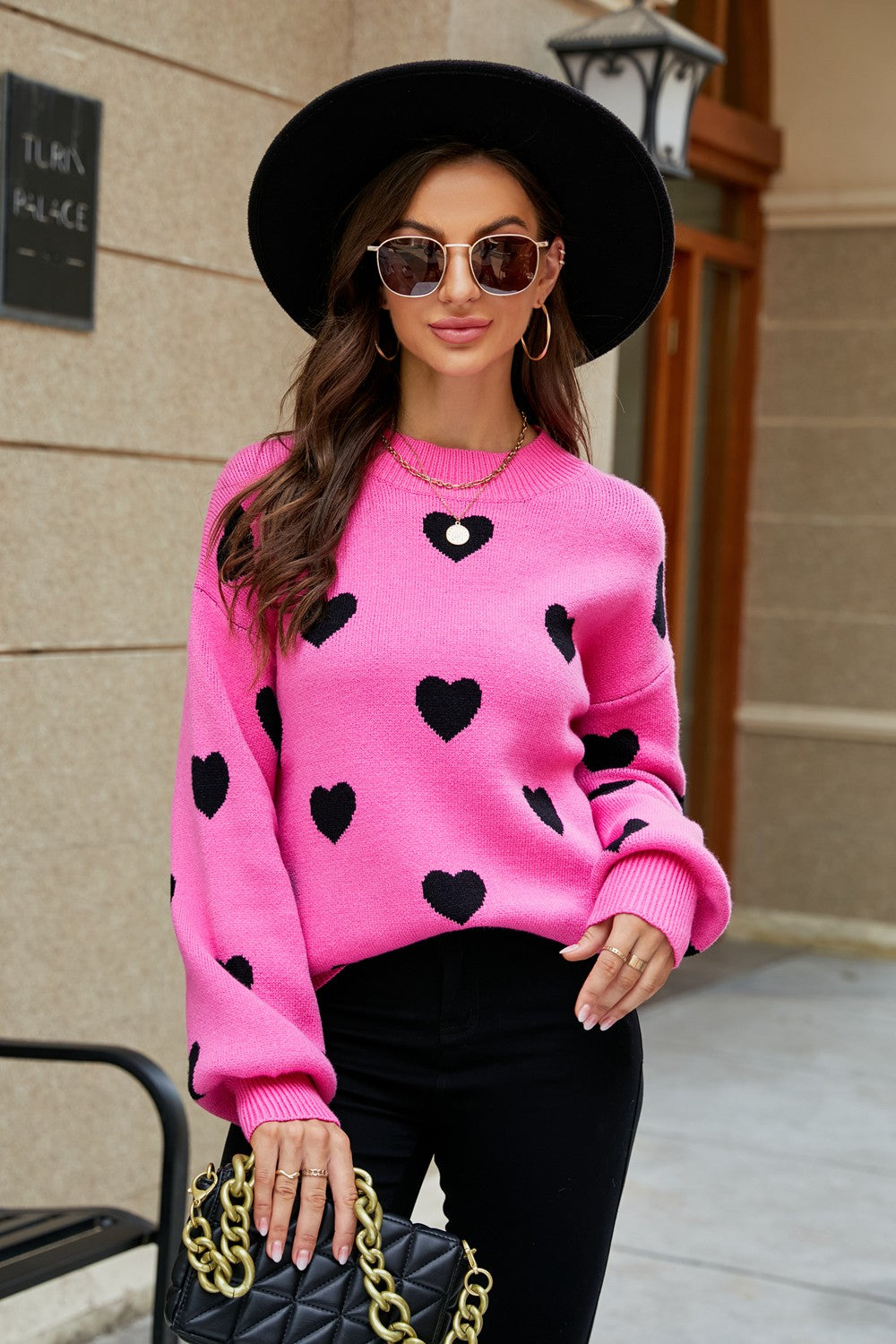 Heart Pattern Lantern Sleeve Round Neck Tunic Sweater (10)