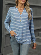 Striped Henley T-shirt Button Detail