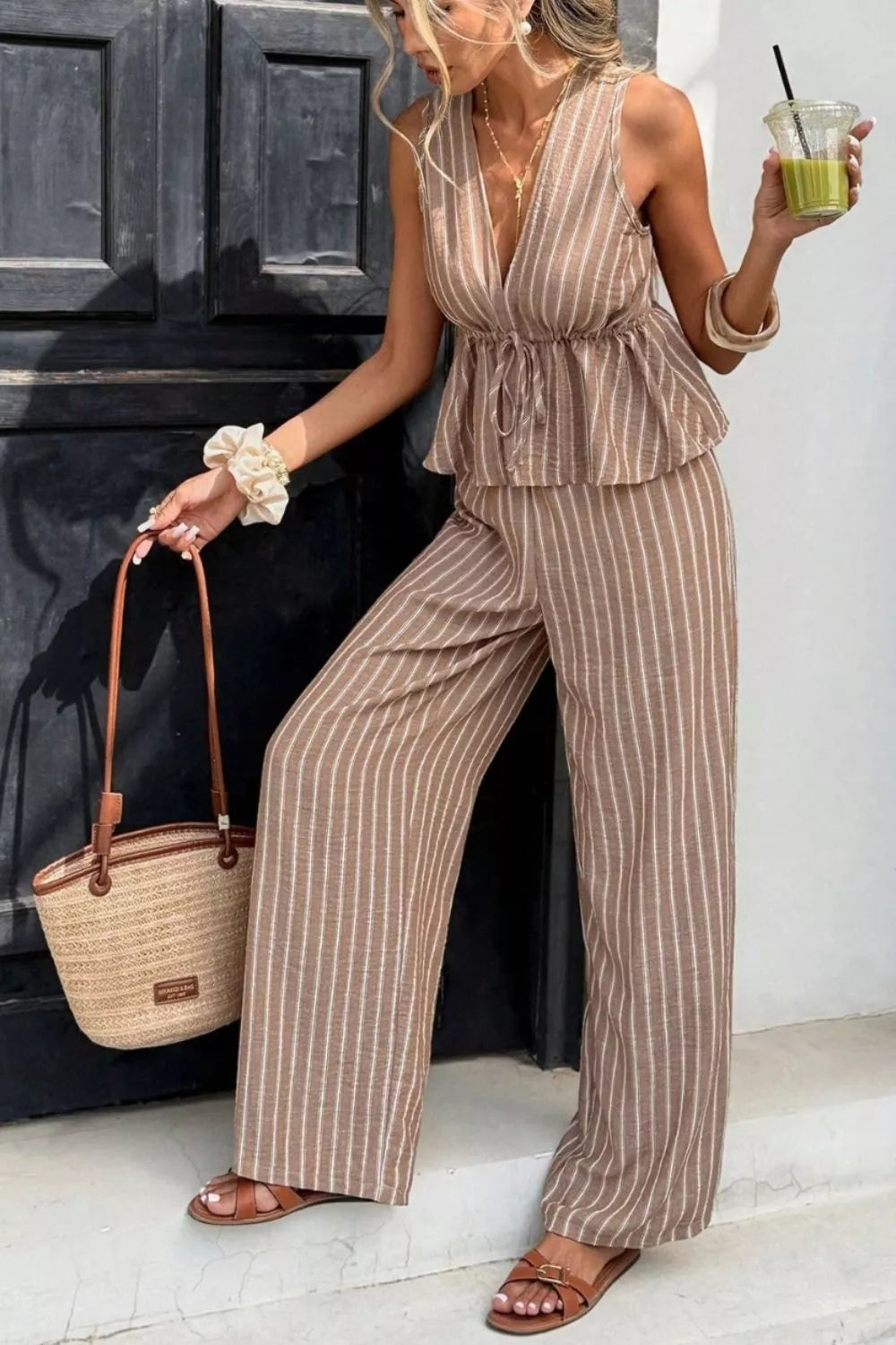 Striped Sleeveless Top Wide Leg Pants Set (2)