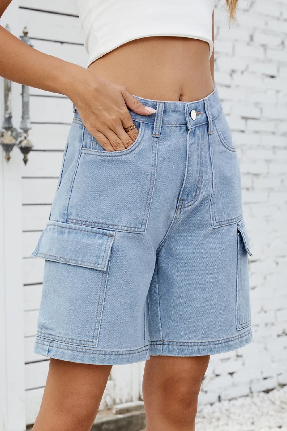 High Rise Denim Shorts Cargo Pockets (7)