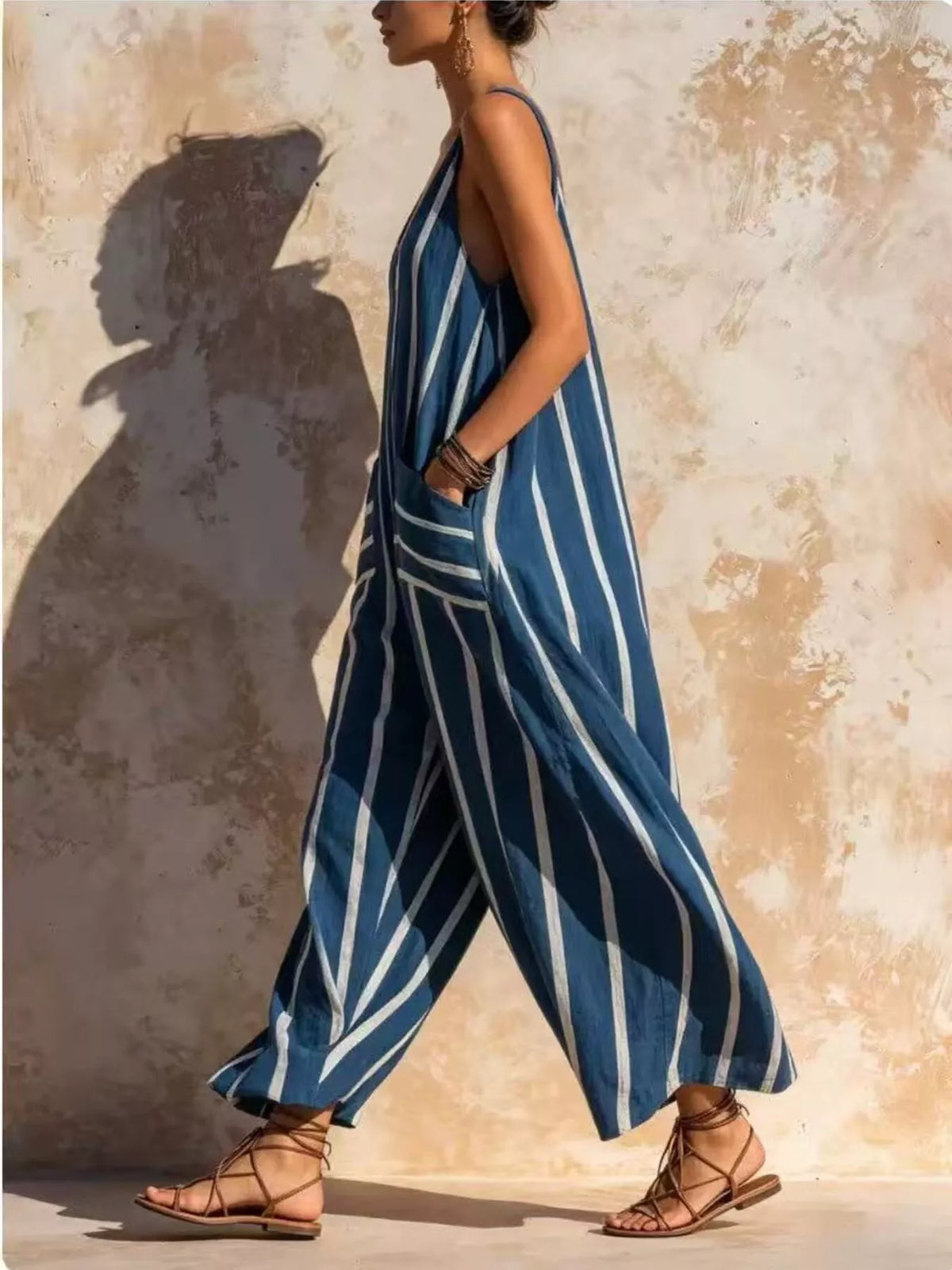 Striped V-neck Sleeveless Wide-leg Jumpsuit (5)