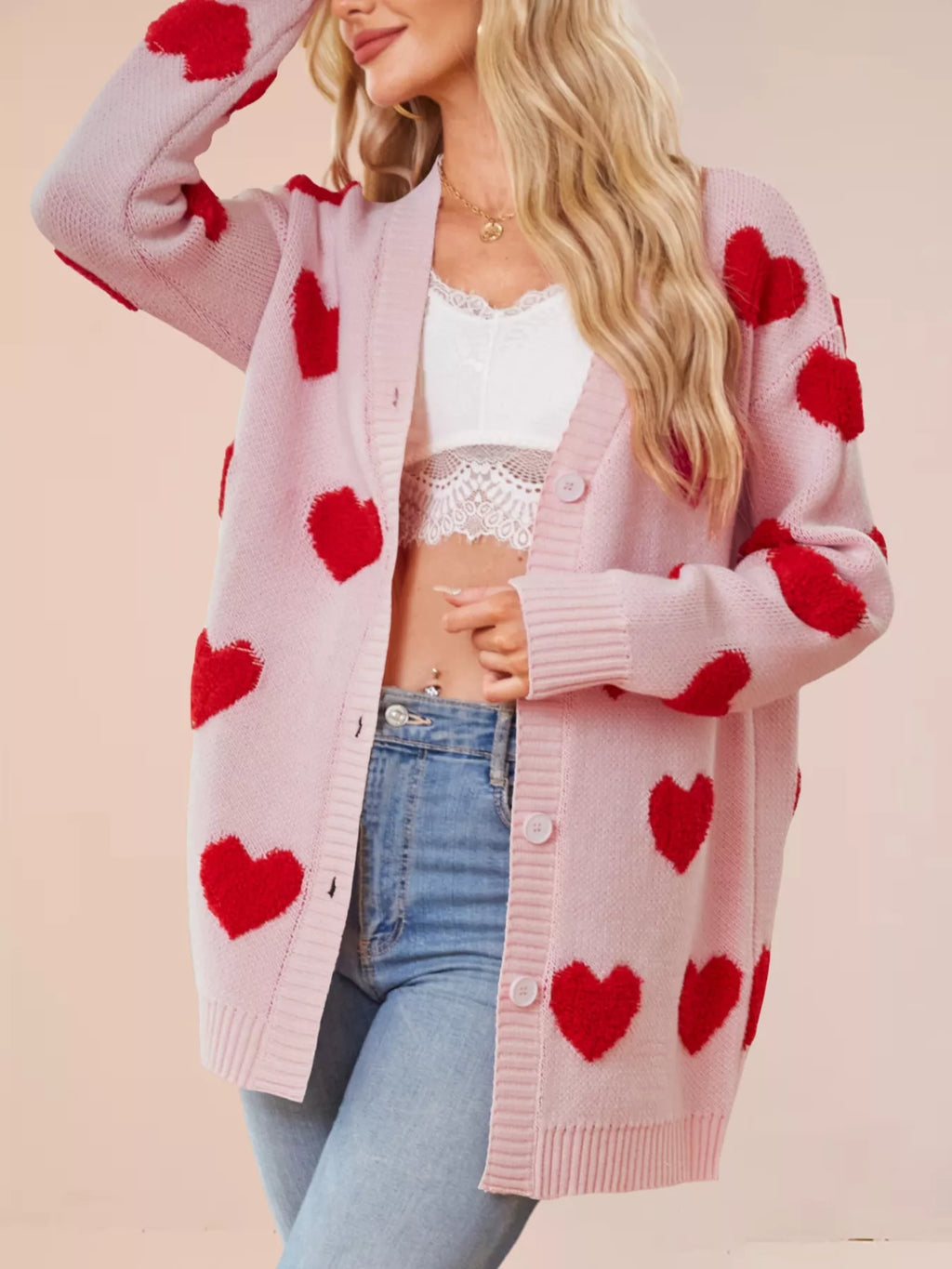 Heart Pattern Knit Button-up Cardigan (2)