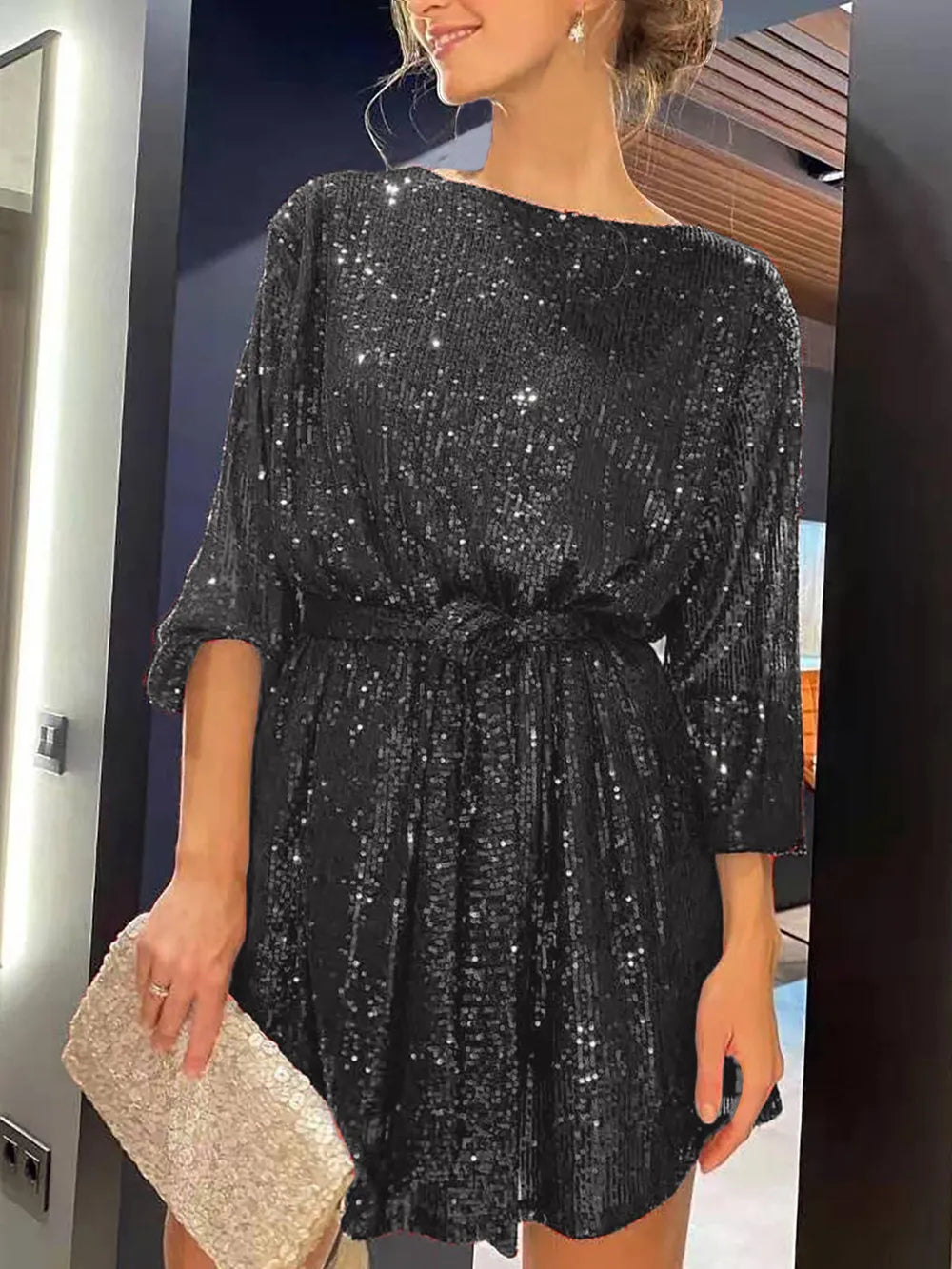 Sequin Tie Waist Long Sleeve Mini Dress (11)