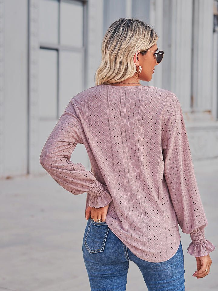 V-neck Eyelet Flounce Sleeve Blouse (13)