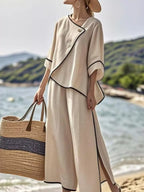 Full Size Contrast Trim Top Wide Leg Pants Set Plus (2)