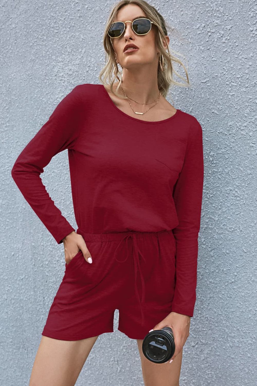 Drawstring Waist Long Sleeve Romper (5)