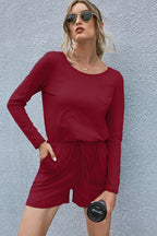 Drawstring Waist Long Sleeve Romper (5)