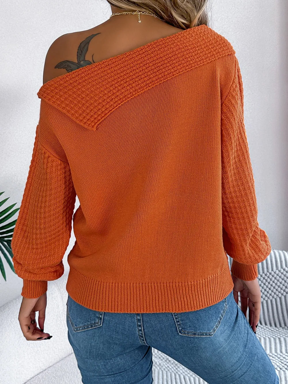 Cable-knit One Shoulder Long Sleeve Sweater (8)