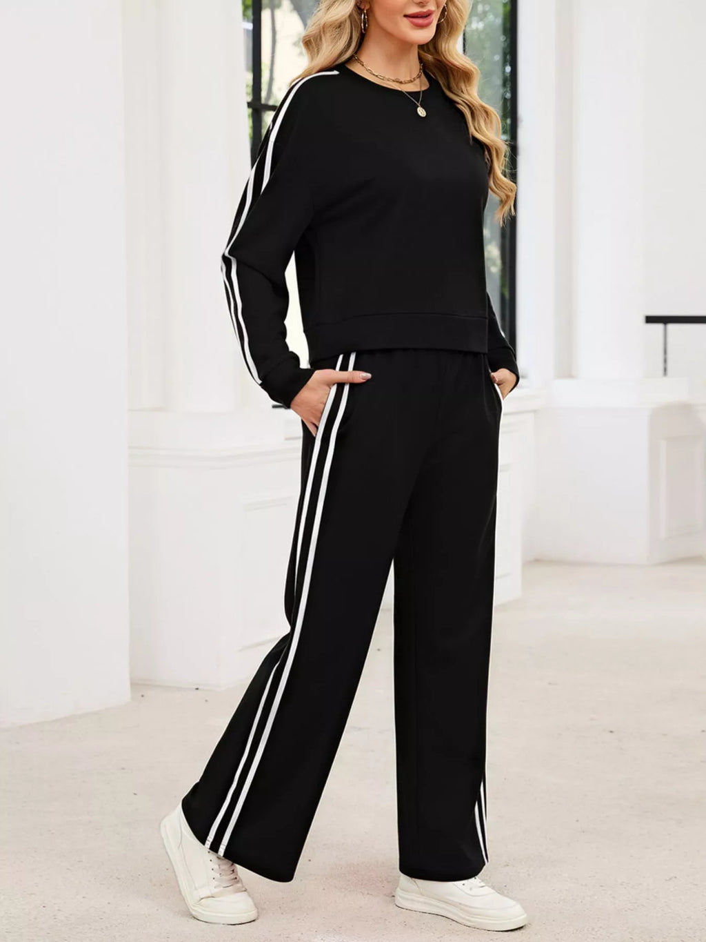 Striped Round Neck Sweatshirt Pants Set (8)