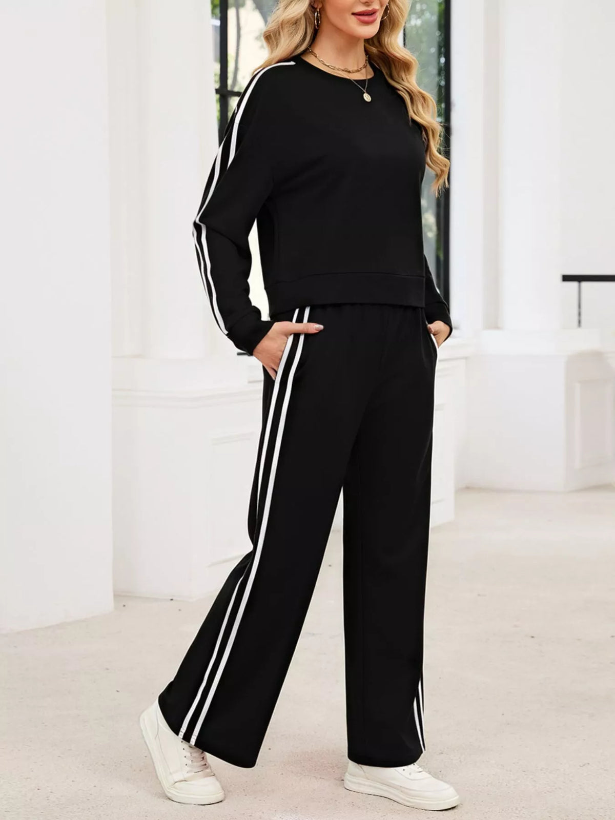 Striped Round Neck Sweatshirt Pants Set (8)