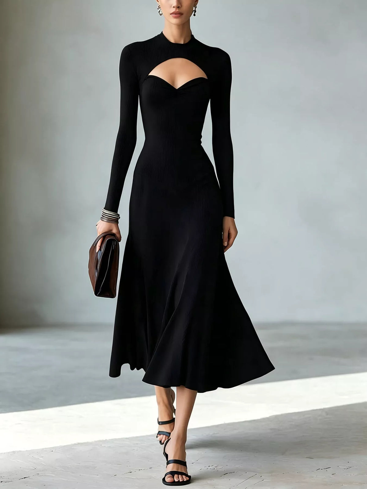 Full Size Mock Neck Cut-out Long Sleeve Midi Dress Plus (4)