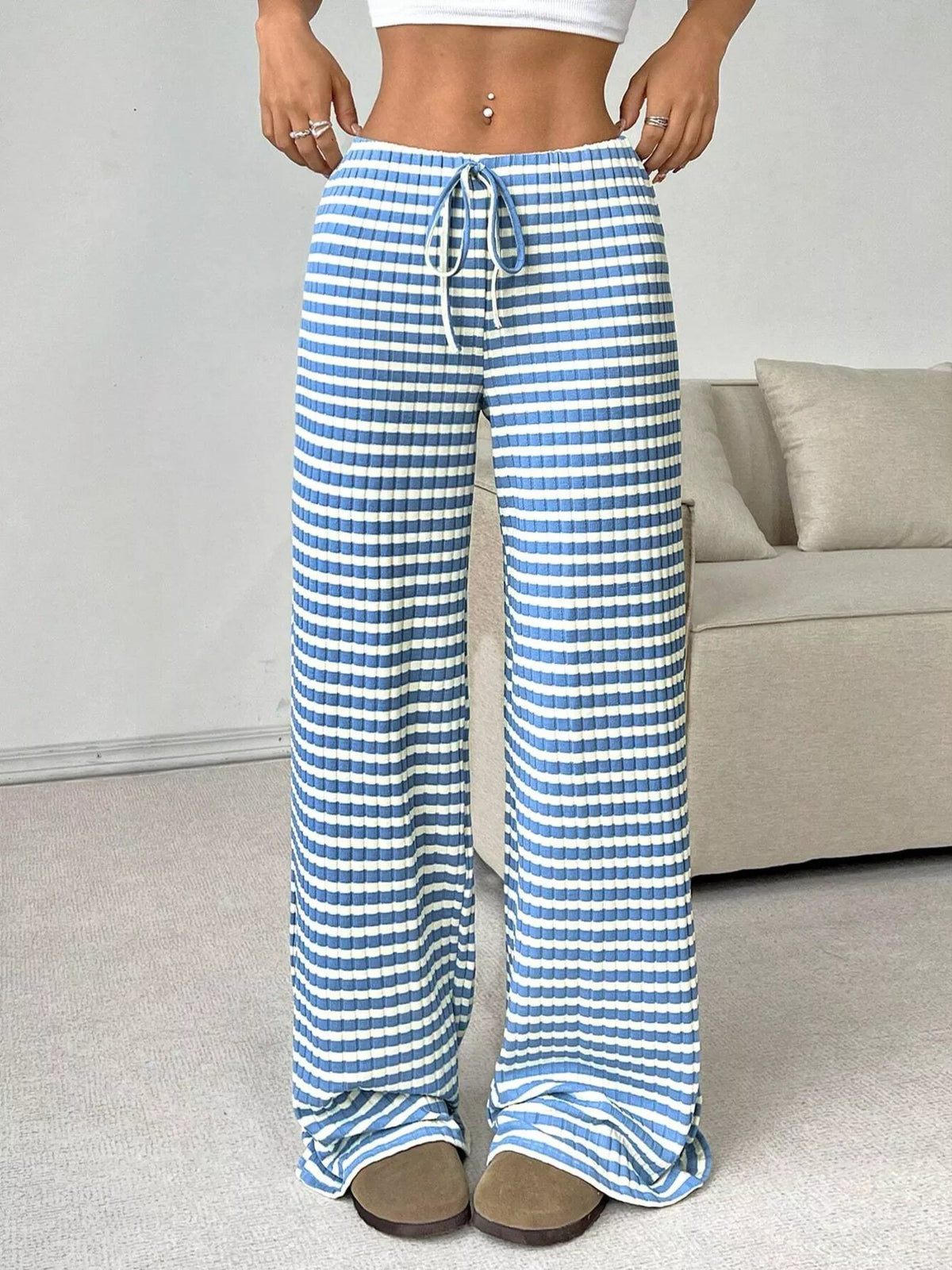 Striped Ribbed Knit Drawstring Waist Wide Leg Pants (12)