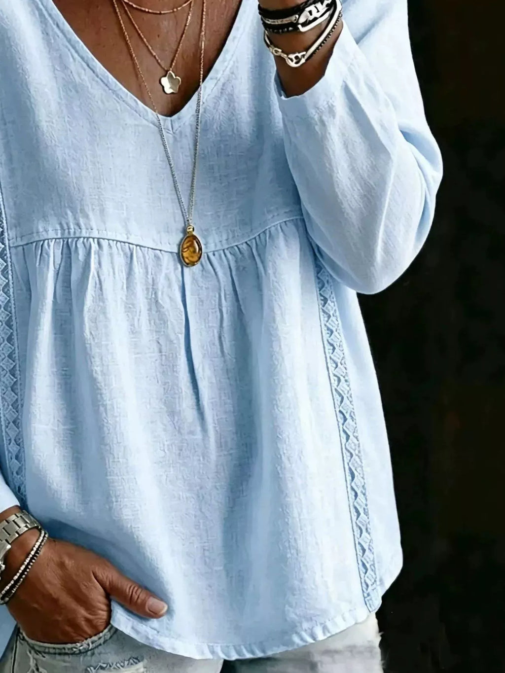 Full Size V-neck Lace Trimmed Long Sleeve Blouse Plus (5)