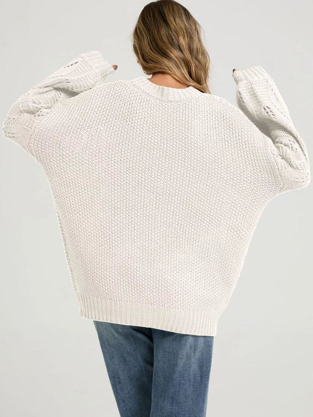Textured Knit Openwork Dropped Shoulder Sweater (10)