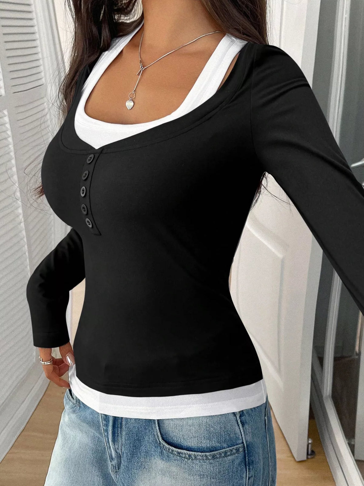 Scoop Neck Long Sleeve Fake Two-piece T-shirt (11)