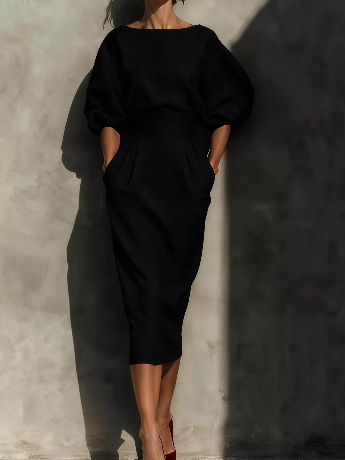 Full Size Round Neck Puff Sleeve Midi Dress Plus (3)