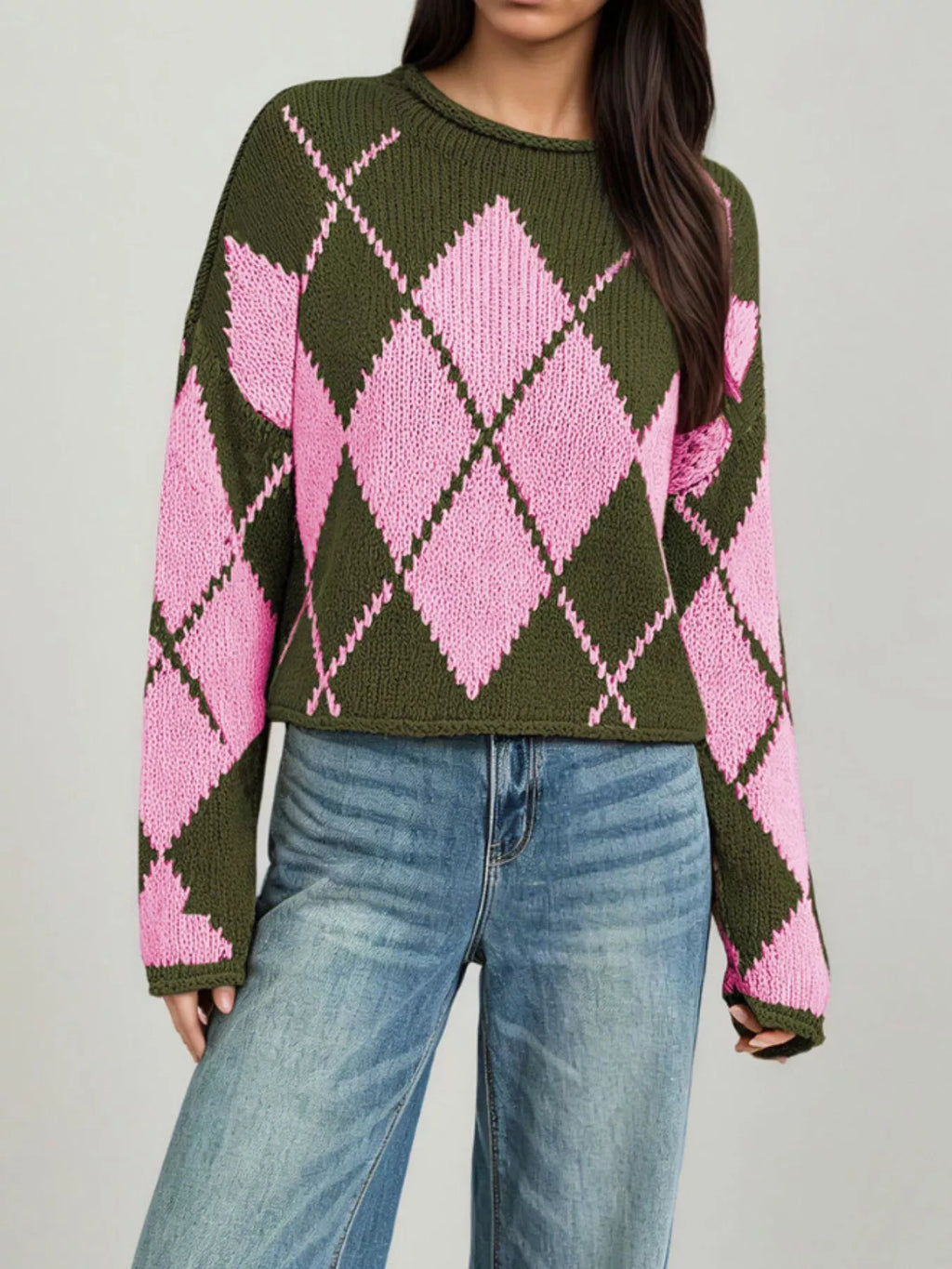 Argyle Pattern Knit Dropped Shoulder Sweater (3)