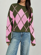 Argyle Pattern Knit Dropped Shoulder Sweater (3)