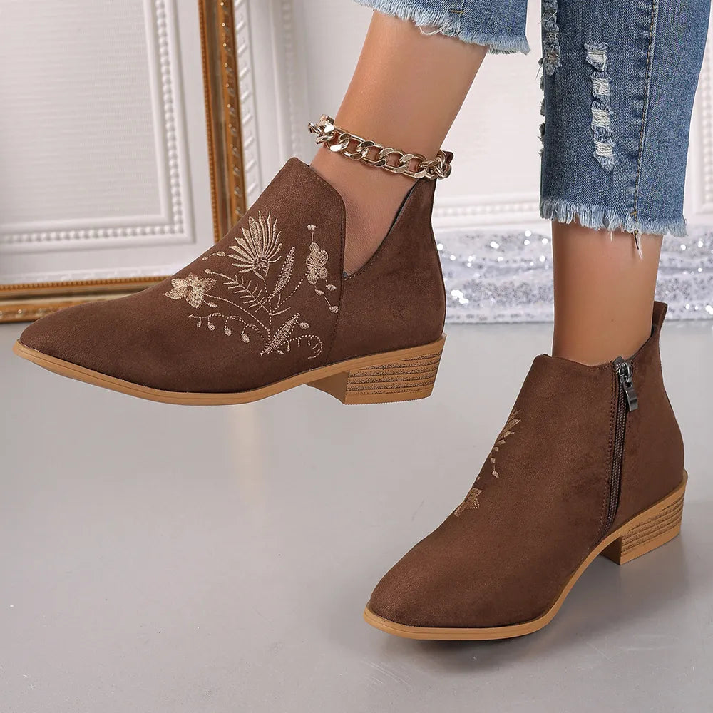 Embroidered Suede Point Toe Block Heel Boots (3)