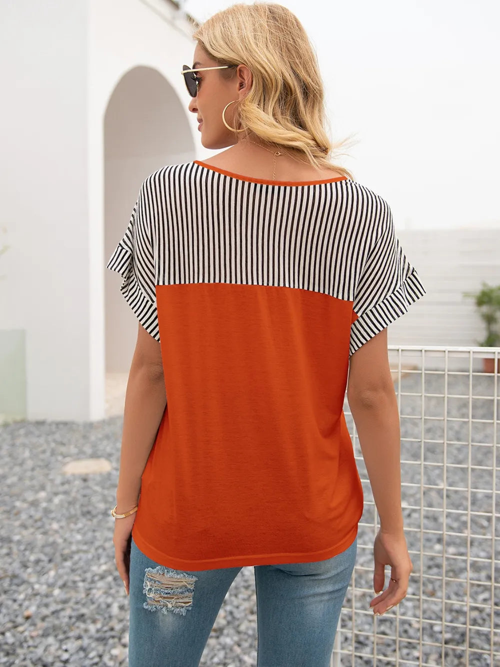 Striped V-neck Short Sleeve T-shirt (16)