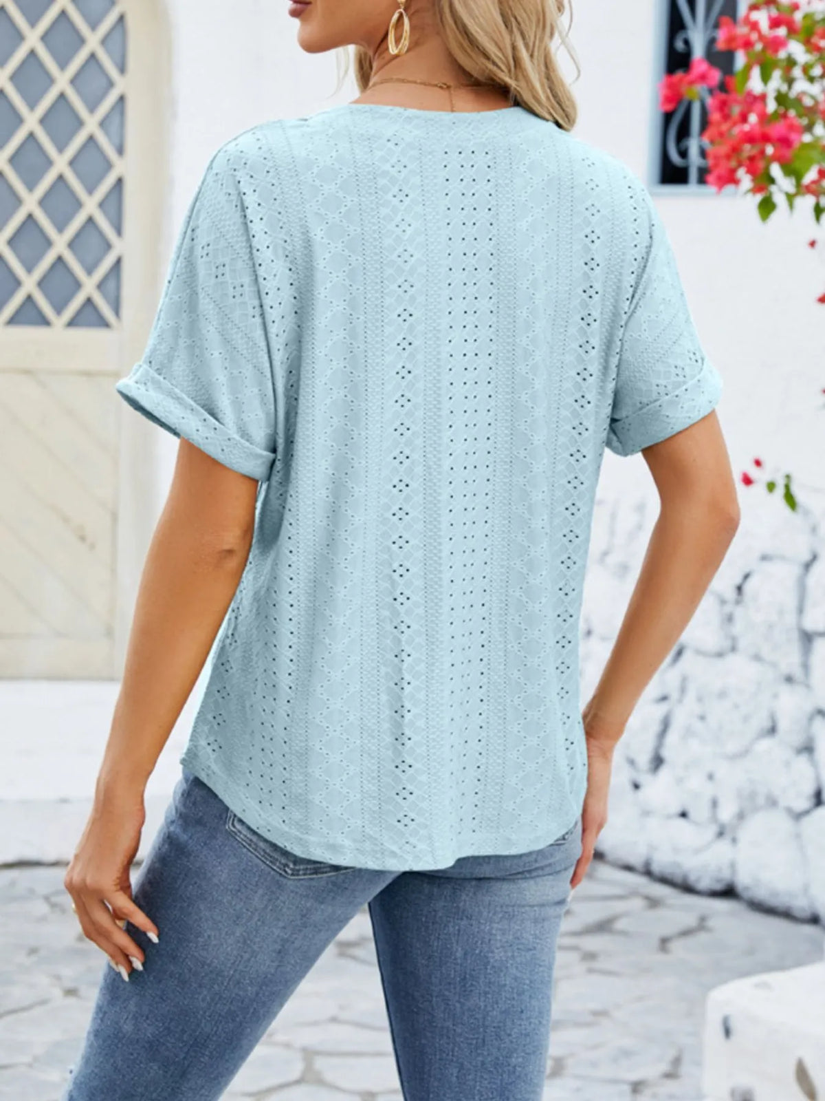 Eyelet Notched Short Sleeve Blouse (14)