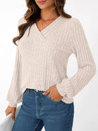 Ribbed Knit V-neck Long Sleeve T-shirt (9)