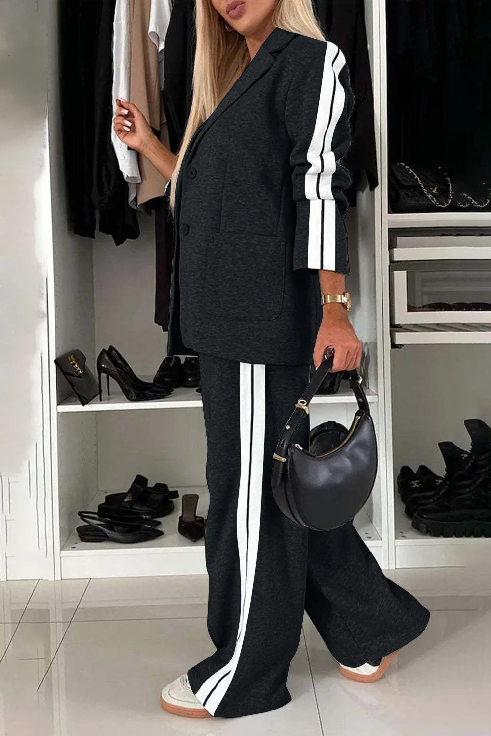 Full Size Contrast Lapel Collar Top Pants Set (9)