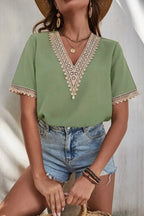 Full Size Lace Detail V-neck Short Sleeve Blouse Plus (7)