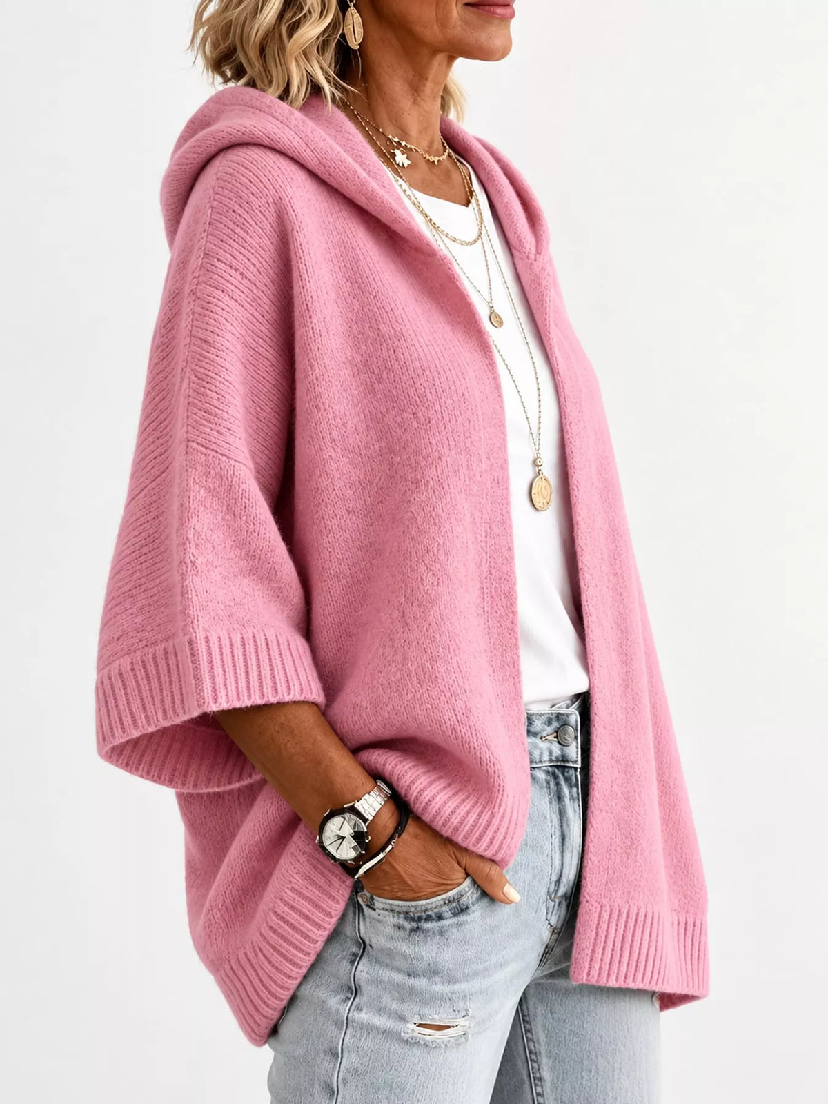 Full Size Hooded Open-front Knit Cardigan Plus (27)