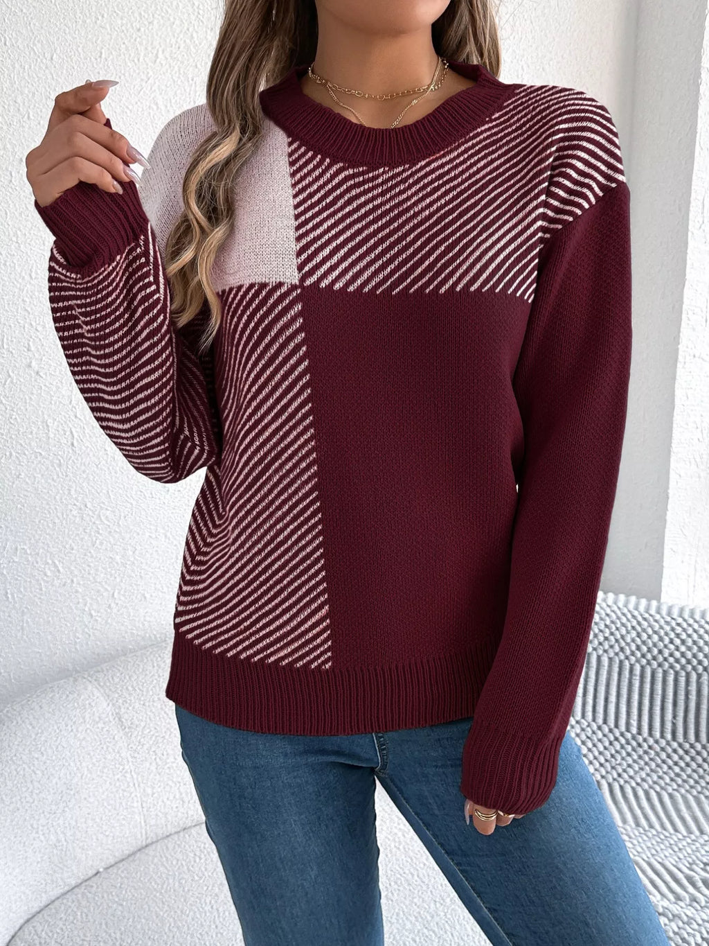 Block Striped Round Neck Sweater (10)