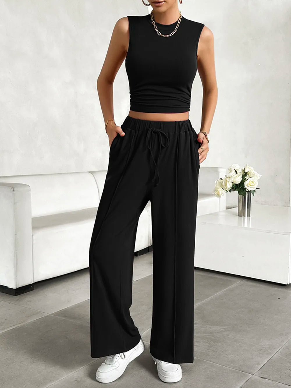 Mock Neck Sleeveless Top Drawstring Pants Set (12)