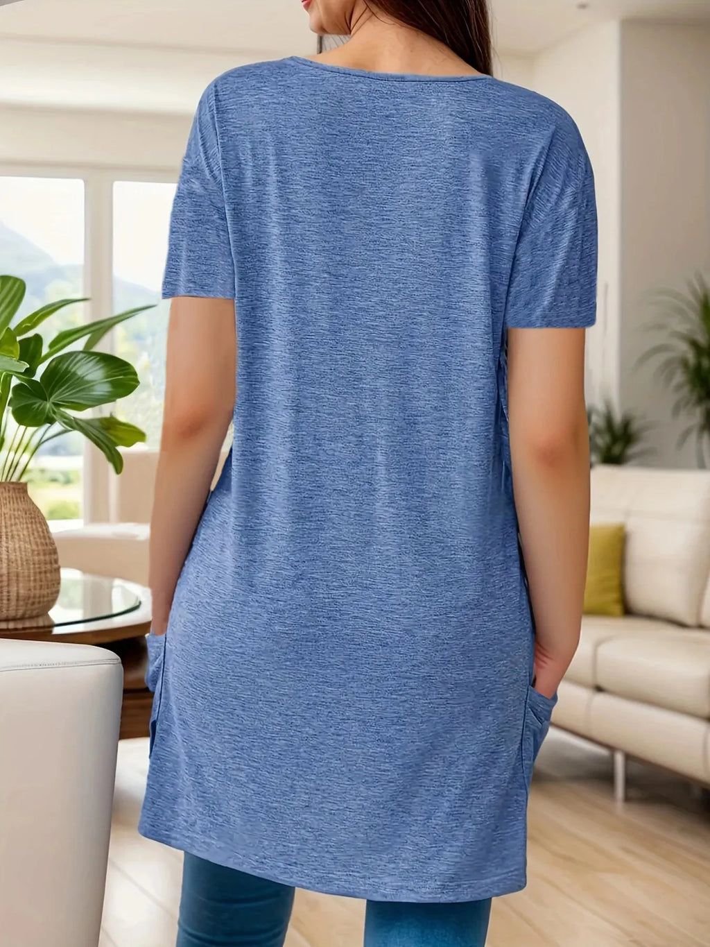 Full Size V-neck Pocket Front Asymmetric Hem T-shirt Plus (2)
