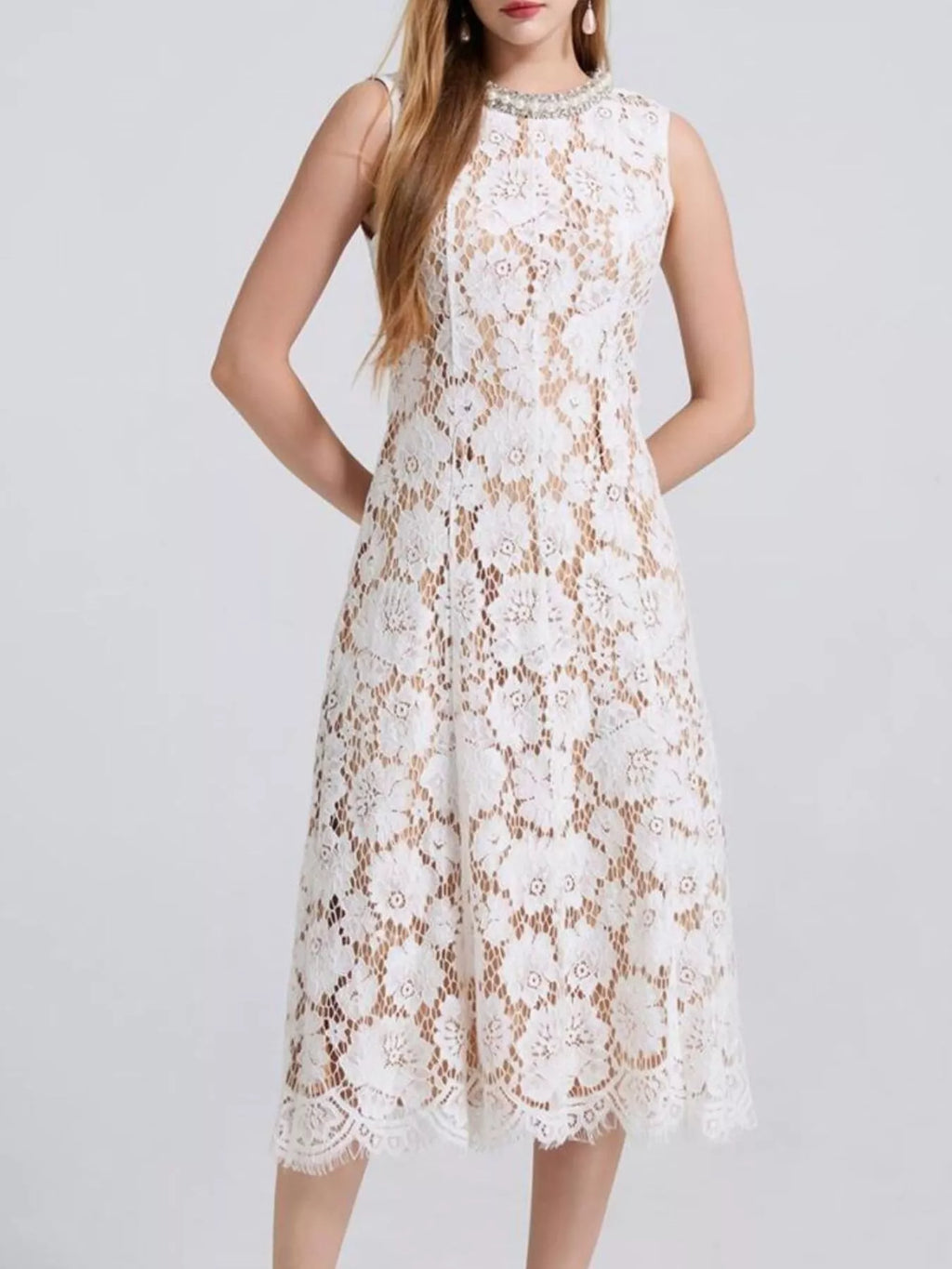Pearl Neckline Sleeveless Lace Dress (2)