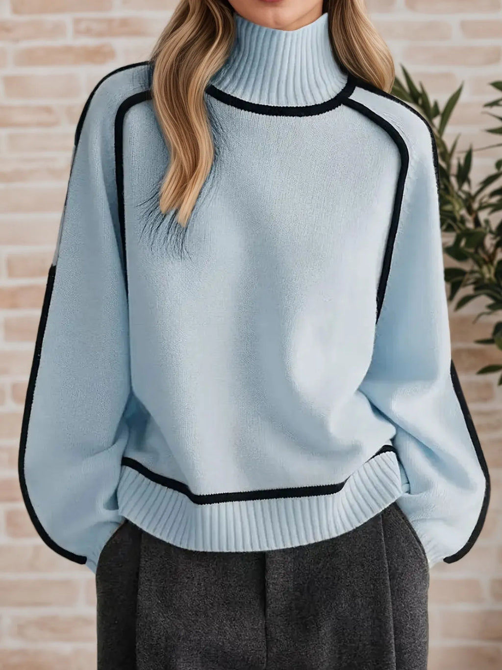 Contrast Trim Turtleneck Sweater (14)