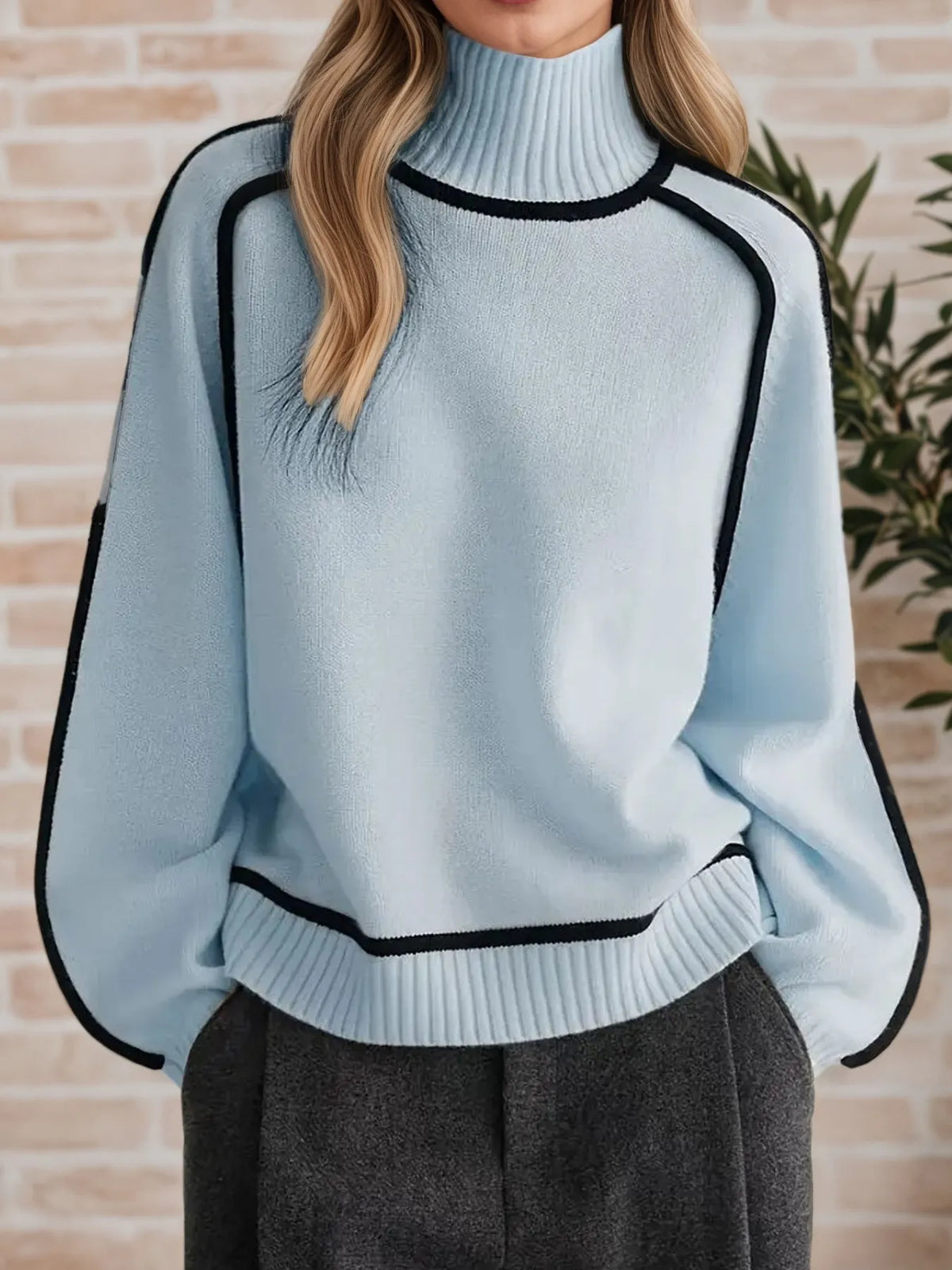 Contrast Trim Turtleneck Sweater (14)