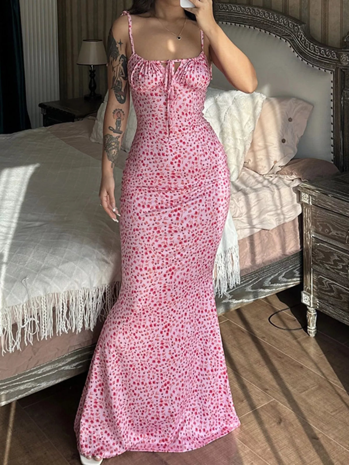 Floral Print Tie Strap Bodycon Maxi Dress (16)