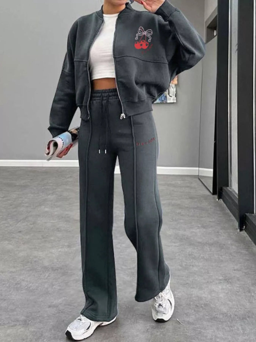 Zip Up Dropped Shoulder Outerwear Pants Set (16)