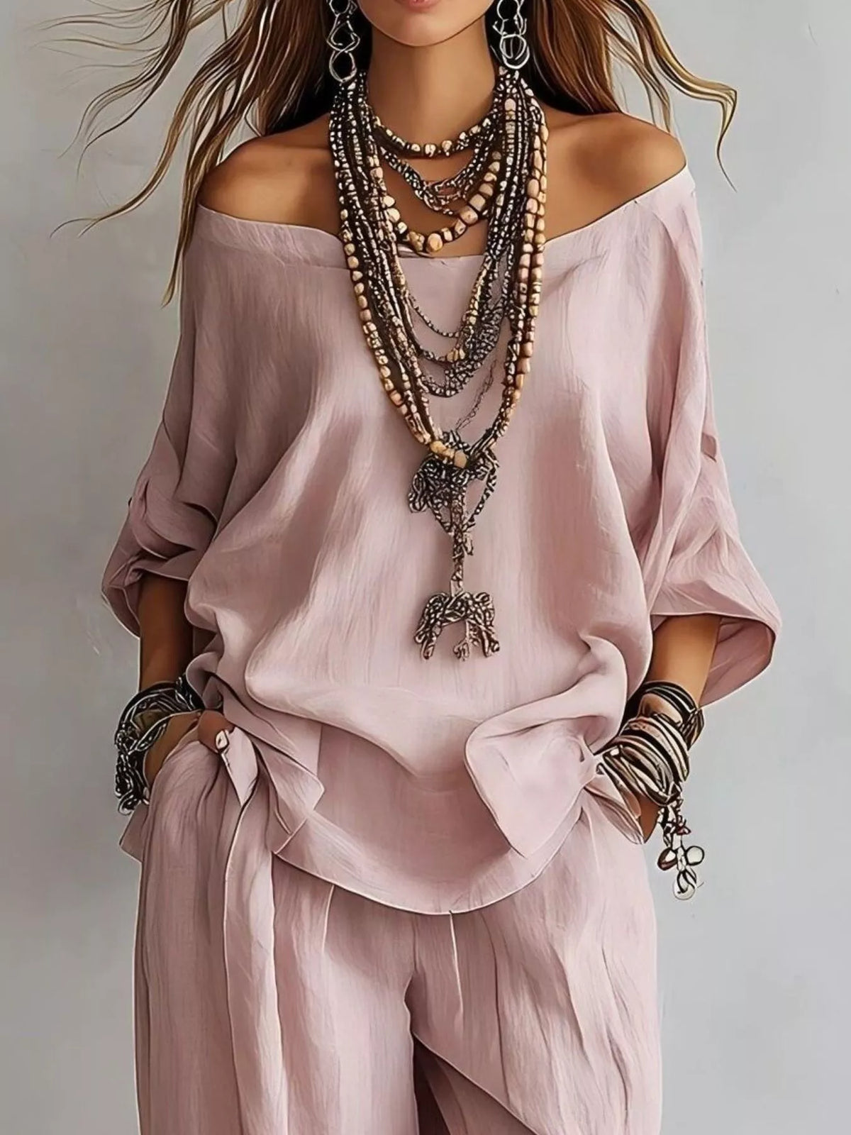 Off-shoulder Loose Fit Top Pants Two-piece Set (2)