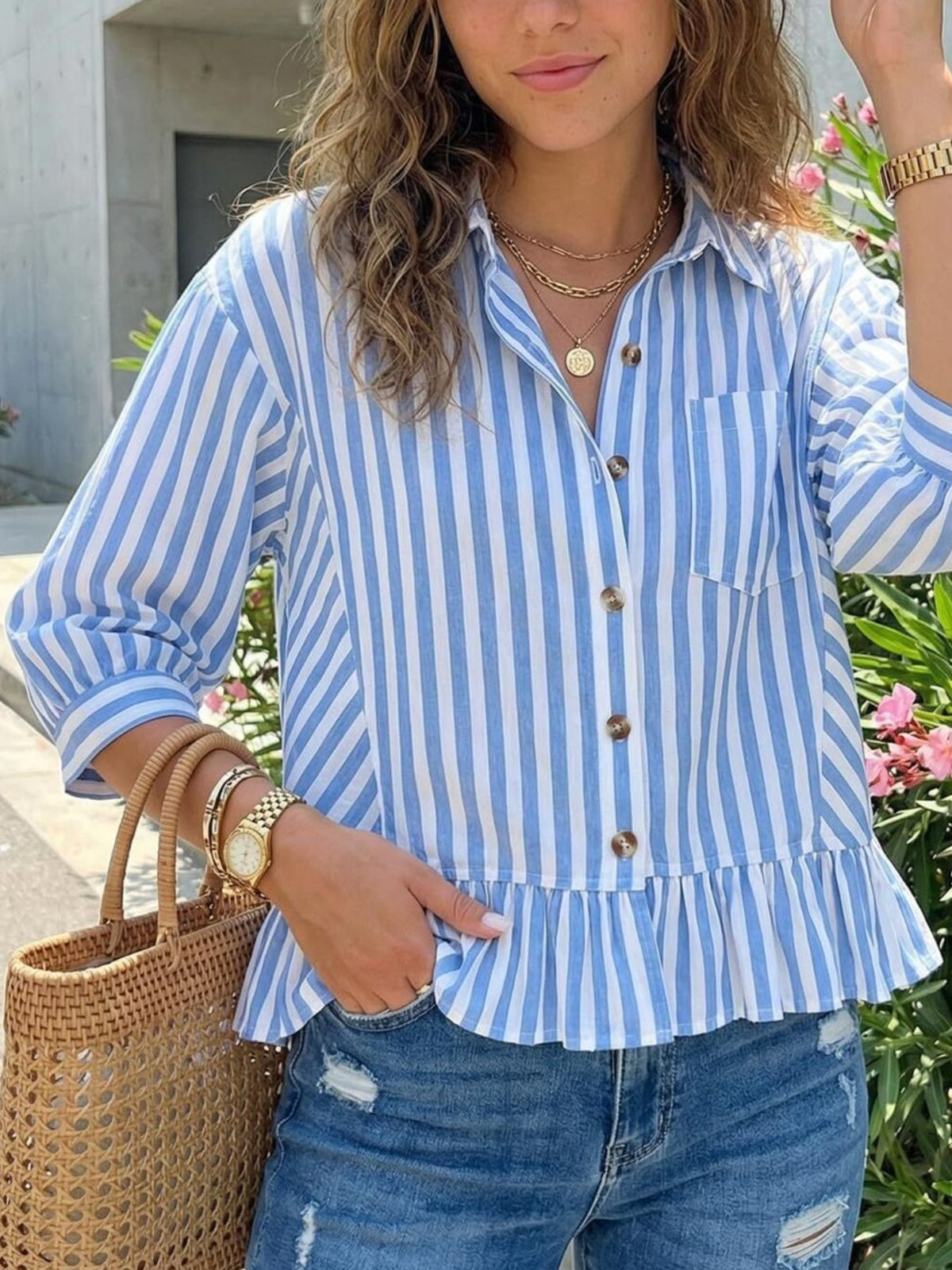 Striped Ruffle Hem Button-down Shirt