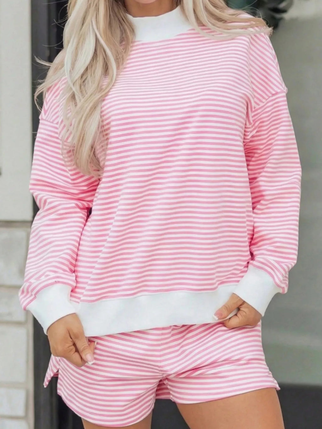 Striped Oversized Sweatshirt Shorts Set (2)