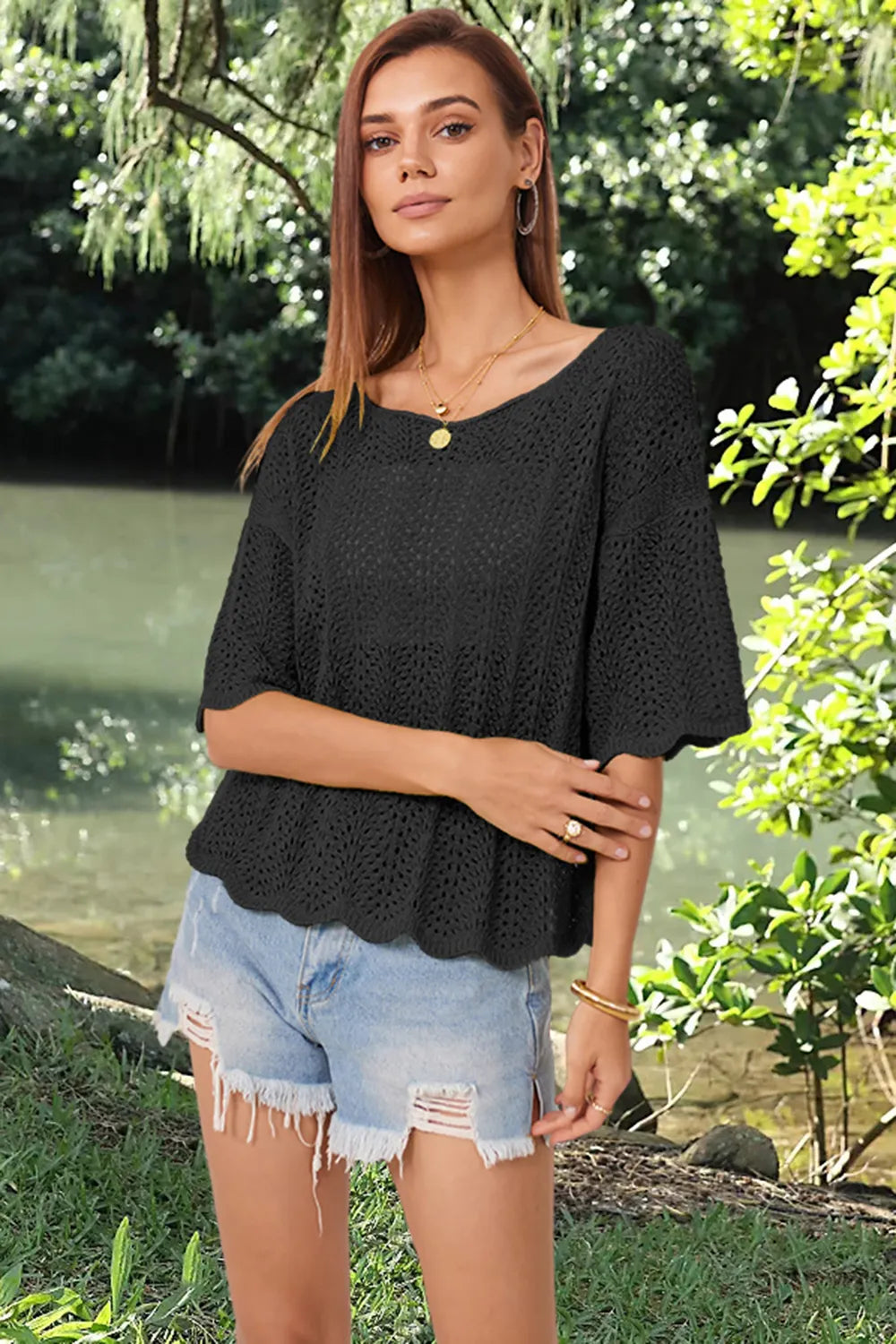 Openwork Round Neck Half Sleeve Knit Top (6)
